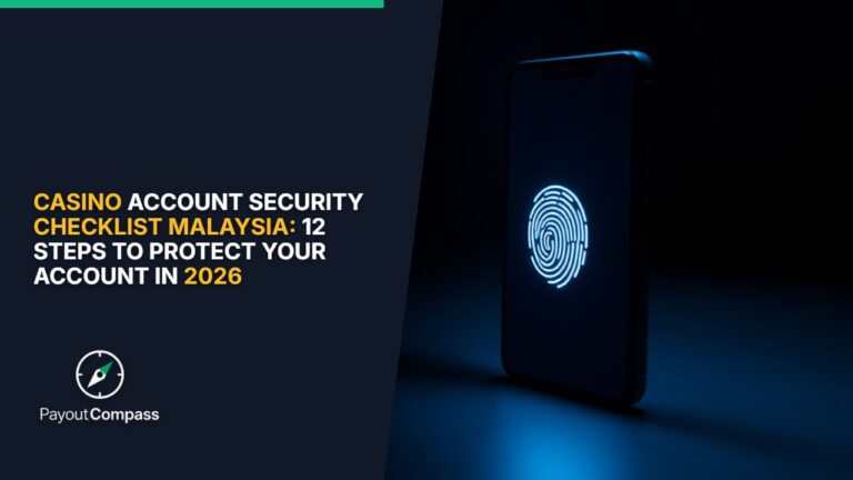 Casino account security checklist showing smartphone fingerprint authentication and password protection measures for Malaysian players