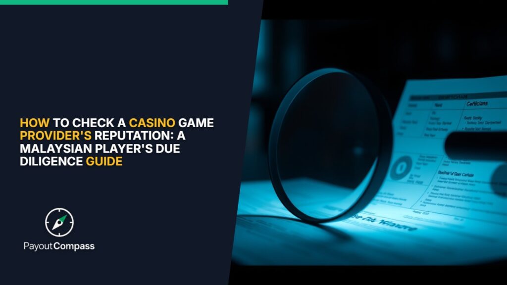 Game provider reputation check using magnifying glass to verify casino software licenses and certifications