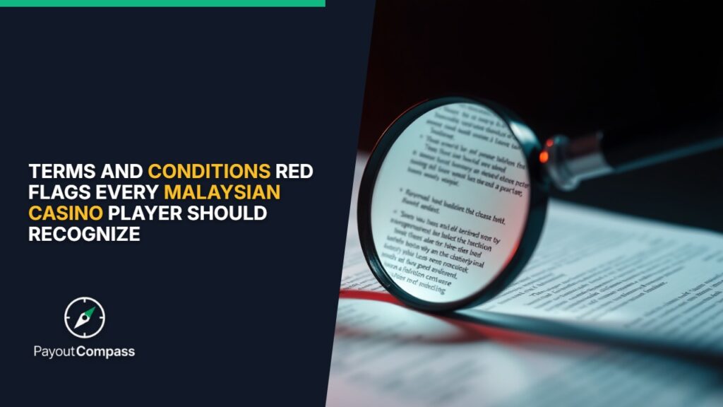 Magnifying glass examining casino terms and conditions red flags document closely