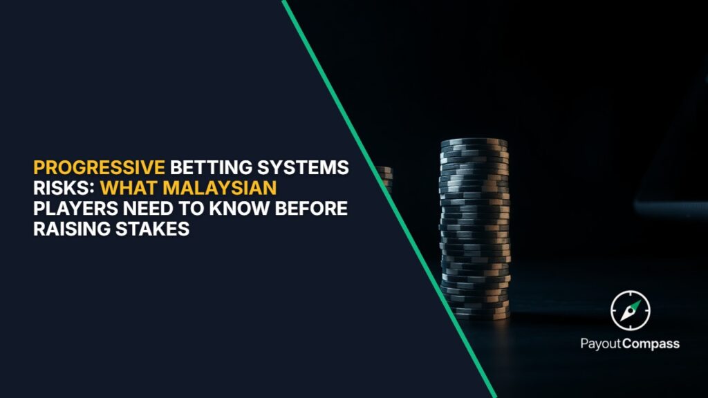 Progressive betting systems risks illustrated with rising stakes and mathematical charts showing exponential growth