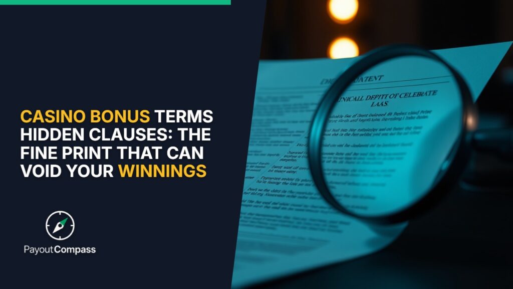 Magnifying glass examining fine print in casino bonus hidden clauses terms and conditions document