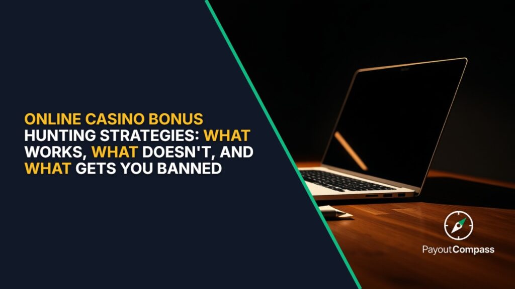 Online casino bonus hunting strategy planning with laptop and notes on desk
