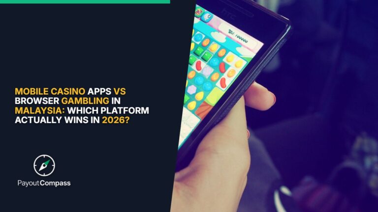 Smartphone displaying mobile casino interface comparing apps versus browser gambling options in Malaysia