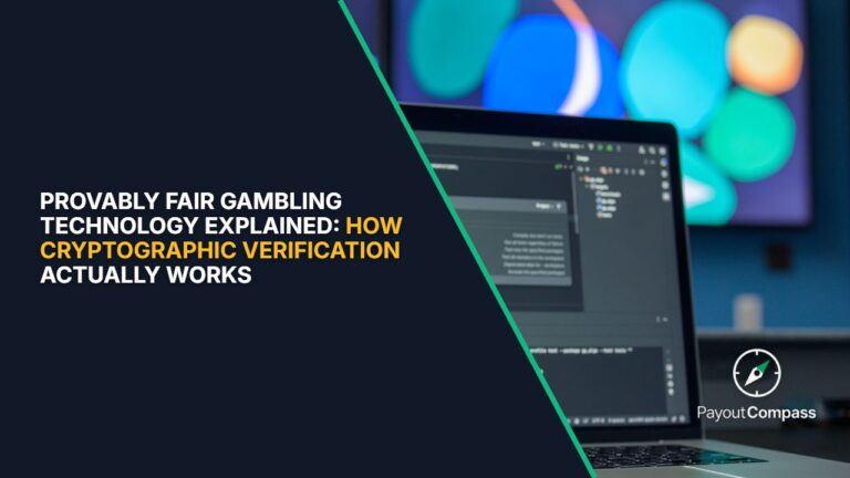 Laptop displaying cryptographic hash code illustrating provably fair gambling verification technology